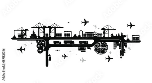 Transportation infrastructure illustration with airplanes, trains, trucks, and ships in a modern logistics hub with industrial silhouette