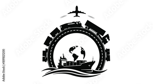 Global logistics transportation concept with ship, trucks, trains, and airplane, symbolizing international trade and commerce