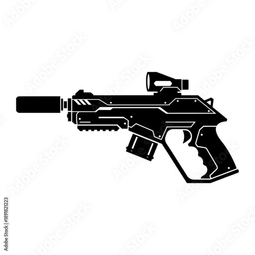 Black silhouette of a futuristic assault rifle on with scope and magazine