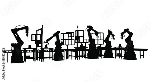 Industrial robots working on assembly line in modern factory setting with manufacturing equipment and machinery