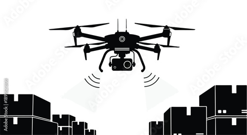 Modern drone flying over urban cityscape with buildings, aerial view, technology and innovation concept, black and white illustration