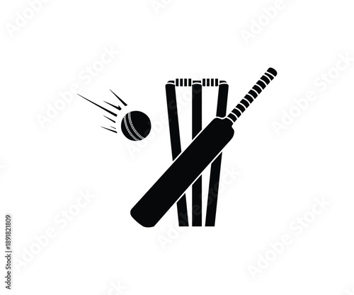 Professional cricket equipment vector, Silhouette illustration of bat, Ball, and wicket stumps