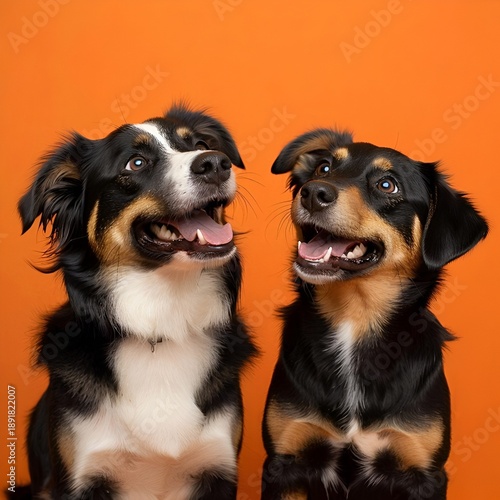 Two happy dogs smiling together on orange background  