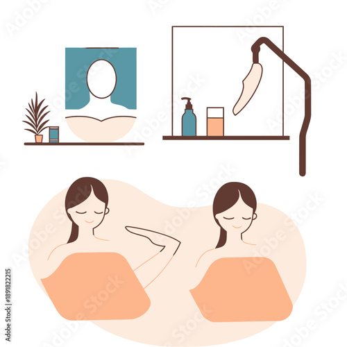Minimalist flat vector illustration of two women relaxing in spa sauna with towels wrapped, sauna heater with stones and spa products on shelves with plant decoration