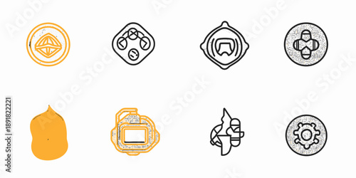 Set of six minimalist fire safety and chemical hazard icons including fire flame, gas mask, filter, and gear outline in black and red stroke style vector illustration