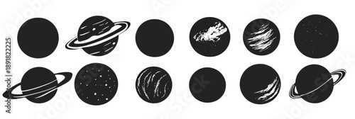 Set of twelve black silhouette planets with ring and textured surface designs in flat minimalist vector style for space and astronomy concepts illustration