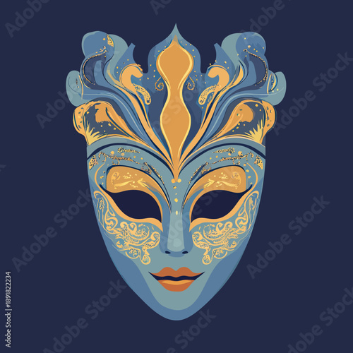 Elegant blue and gold Venetian carnival mask with ornate floral patterns and minimalist flat vector design on dark background