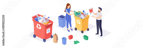 Isometric illustration of man and woman sorting recyclable plastic, paper, and glass waste into color-coded recycling bins with garbage bags and containers for waste management and environmental care