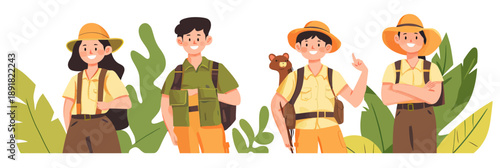Friendly young adventurers in safari outfits standing with binoculars and backpack in flat minimalist vector style surrounded by green plants and leaves background