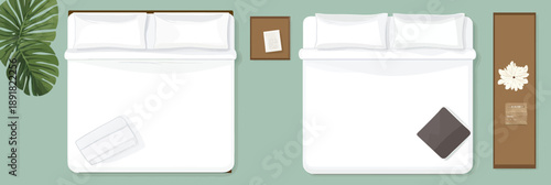 Top view of two beds with white sheets pillows and duvets modern bedroom interior flat minimalist style vector illustration with bedside tables and decorative plants