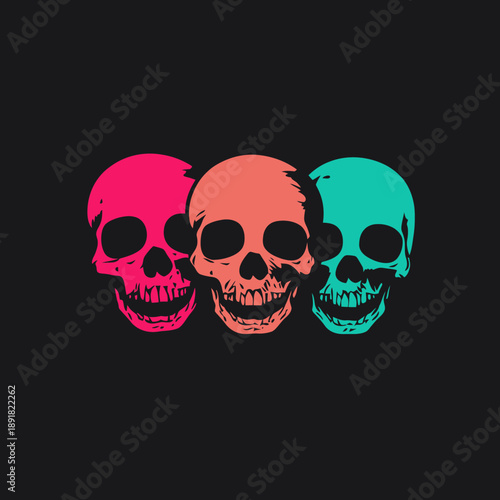 Three colorful minimalist skulls in pink orange and blue on black background flat vector design for modern graphic and tattoo art