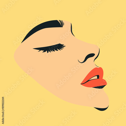 Minimalist vector illustration of elegant woman face with closed eye and red lips in profile view on yellow background