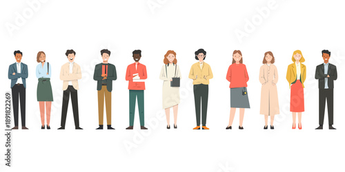 Diverse group of professional men and women standing in casual business attire isolated on white background flat vector illustration teamwork and corporate diversity concept