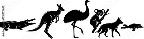 Australian Animals Silhouettes: australian Crocodile, Kangaroo, Emu, Koala, Dingo, and Platypus
