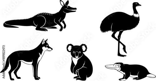 Australian Animals Silhouettes: australian Crocodile, Kangaroo, Emu, Koala, Dingo, and Platypus