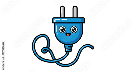 Cute Blue Electric Plug Character with Wires.
