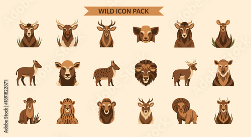 Collection of Diverse Wild Animal Icons for Graphic Design.