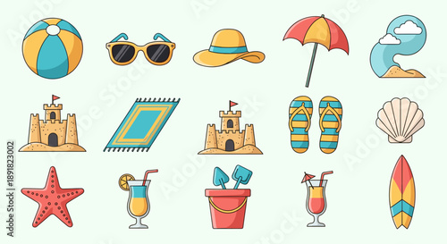 Collection of beach and summer vacation icons and illustrations.