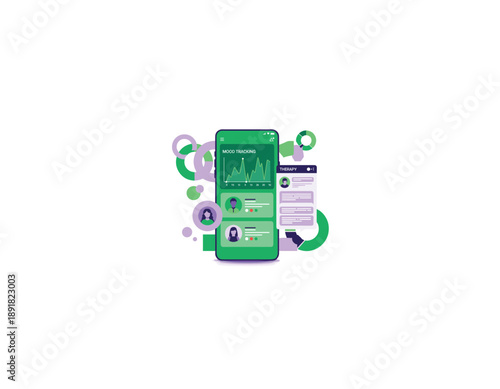 Mental health app on smartphone with mood tracking and therapy features