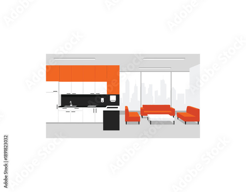 Modern open plan living space with kitchen and city view