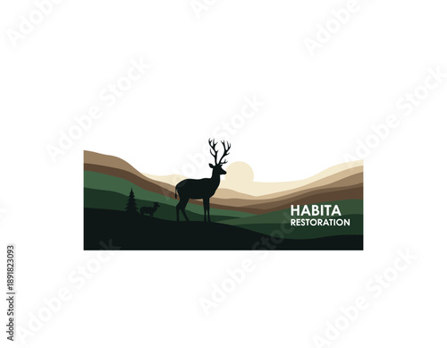 Deer and fawn in natural habitat with hills and trees