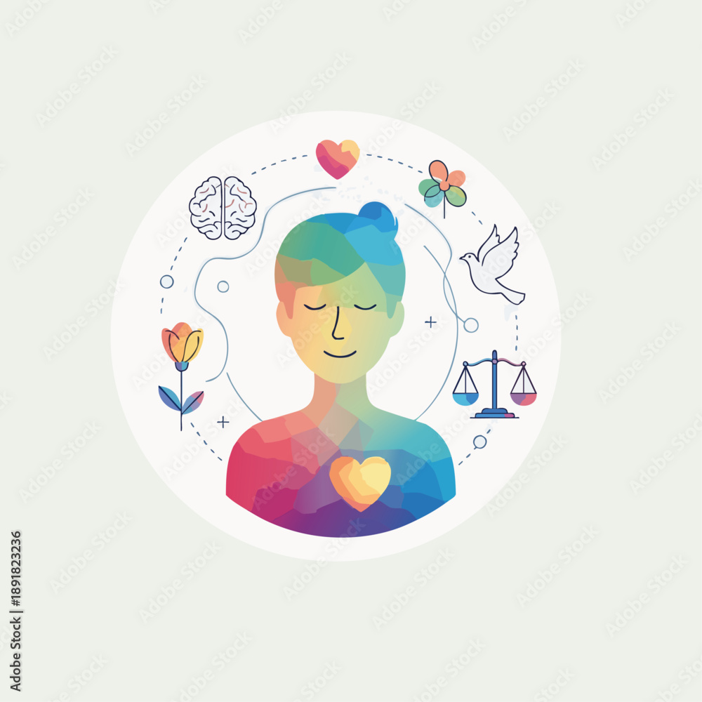 Obraz premium Harmony within the Self: An illustrated representation of inner peace and balance. The image portrays a person surrounded by symbols of positive emotions, mental clarity, and spiritual well-being.