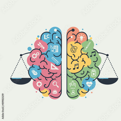 Brain's Equilibrium: Conceptual art illustrating the balanced harmony of the left and right brain, showcasing creativity and logic's perfect unison.
