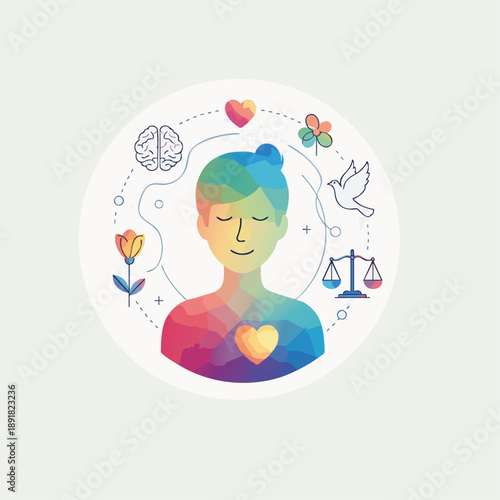 Harmony within the Self: An illustrated representation of inner peace and balance. The image portrays a person surrounded by symbols of positive emotions, mental clarity, and spiritual well-being.