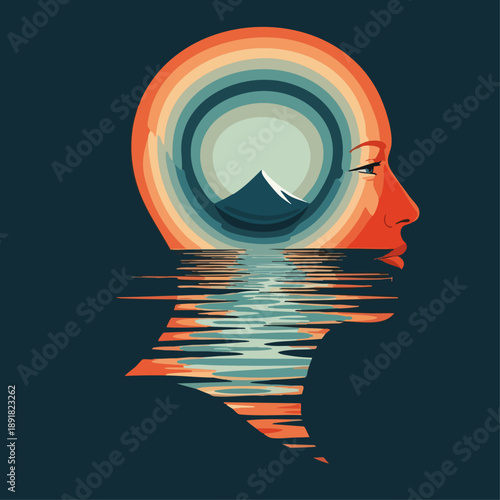 Mind's Eye: A symbolic representation of introspective thought, merging the human form with landscapes and abstract elements to visualize the realm of the mind. 