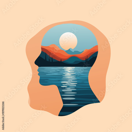 Inner Landscape:  A stylized illustration of a person's head, revealing a serene landscape within – mountains, a lake reflecting the sun, evoking themes of introspection and inner peace.