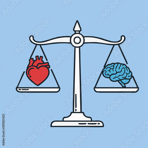 Heart vs. Mind: A conceptual illustration depicting the interplay between emotion and intellect. Balancing the human heart and brain, this image symbolizes the delicate equilibrium. 