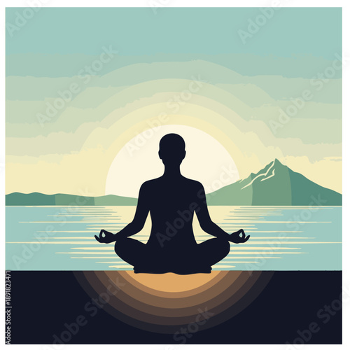 Serene meditation by the Lake: A silhouette of a person practices yoga, seated in the lotus position against a backdrop of a tranquil lake and a setting sun, symbolizing peace and mindfulness.