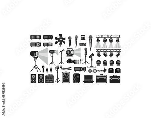 Collection of professional audio and lighting equipment for live events and performances