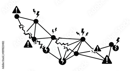 Complex network system with warning signs and lightning bolts on black and white diagram, representing cyber security threats and risk management in modern technology