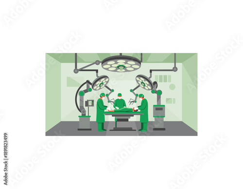 Surgeons performing surgery in modern operating room with green scrubs