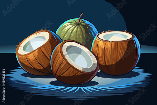 Slow motion effect of three coconuts arranged side by side on a dark table, dramatic lighting, minimal composition, tropical freshness, cinematic mood.