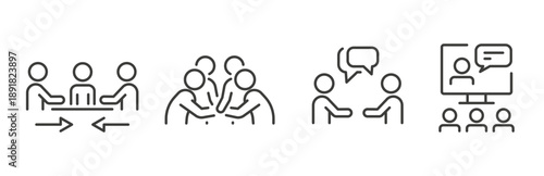 meeting set icons, contains such as seminar, webinar, dialogue people group, supporting teamwork, conference, line art vector