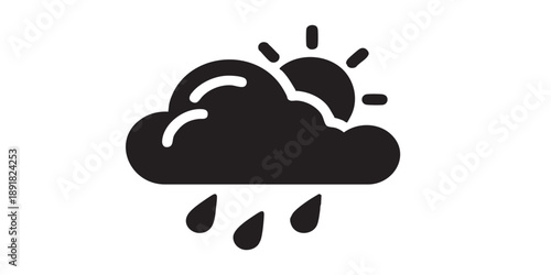 Weather vector icon, thunderstorm cloud with sun and rain symbol, isolated on transparent background, black outline and filled style, minimal flat design