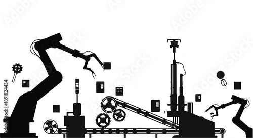 Industrial robotic arms working on assembly line in factory with machinery and tools, manufacturing process, industrial automation, robotics engineering
