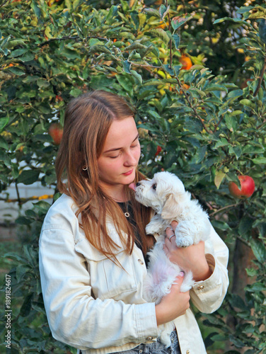Young girl posing with Maltipoo puppy. Girl loving her pet.Stylish girl with dog