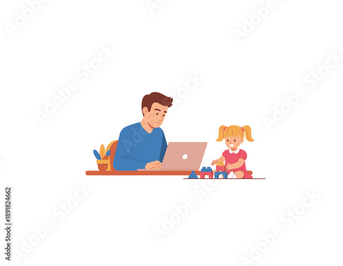 Remote worker with child playing blocks at home office desk