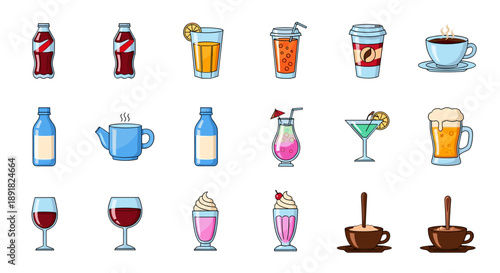 Collection of various beverage icons and illustrations.