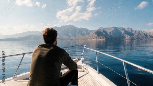 Caucasian adult male relaxing on yacht with mountain view under clear blue sky.