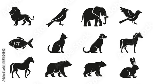 Collection of Diverse Animal Silhouettes in Black and White.
