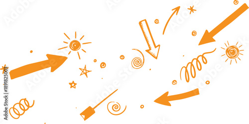 Hand-drawn orange doodle elements with arrows, suns, stars, swirls, and squiggles on a clean white background, illustrating abstract concepts and playful design.