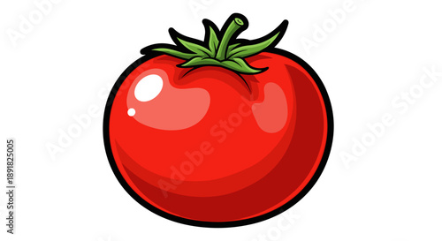 A vibrant red tomato with a green stem and leaves.