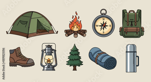 Collection of Camping and Outdoor Adventure Gear Icons.
