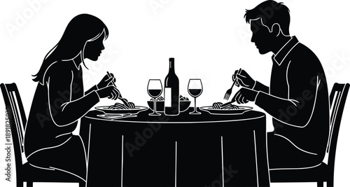 Silhouette of a man and a woman enjoying a romantic dinner together at a restaurant table with wine and food.