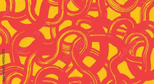 Abstract pattern of vibrant red brushstrokes intertwining on a bright yellow background, creating a dynamic and energetic visual texture.
