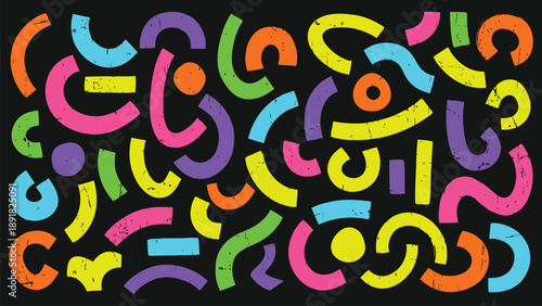A vibrant abstract pattern featuring an assortment of colorful curved and straight shapes on a dark background, with a retro distressed texture.